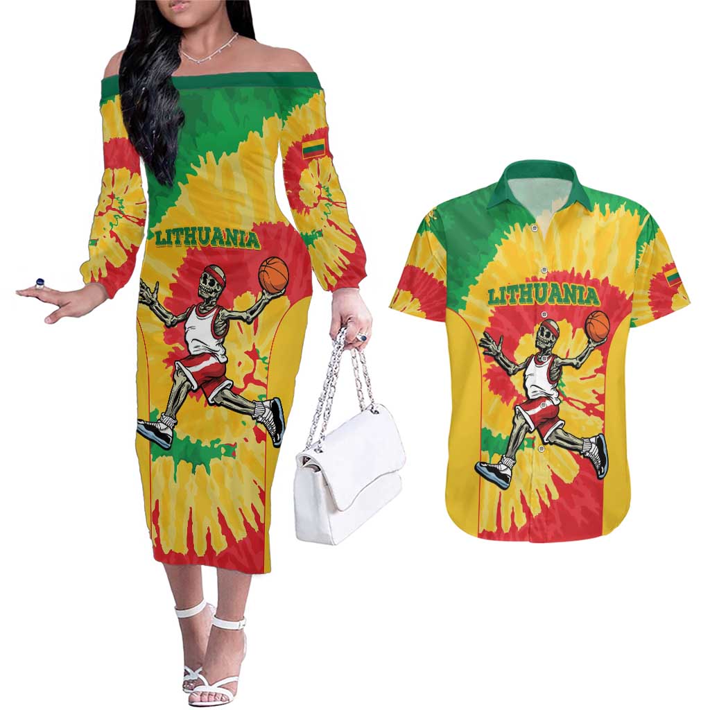 Lithuania Basketball Skeleton Personalized Couples Matching Off The Shoulder Long Sleeve Dress and Hawaiian Shirt Skullman Lithuania Tie Dye