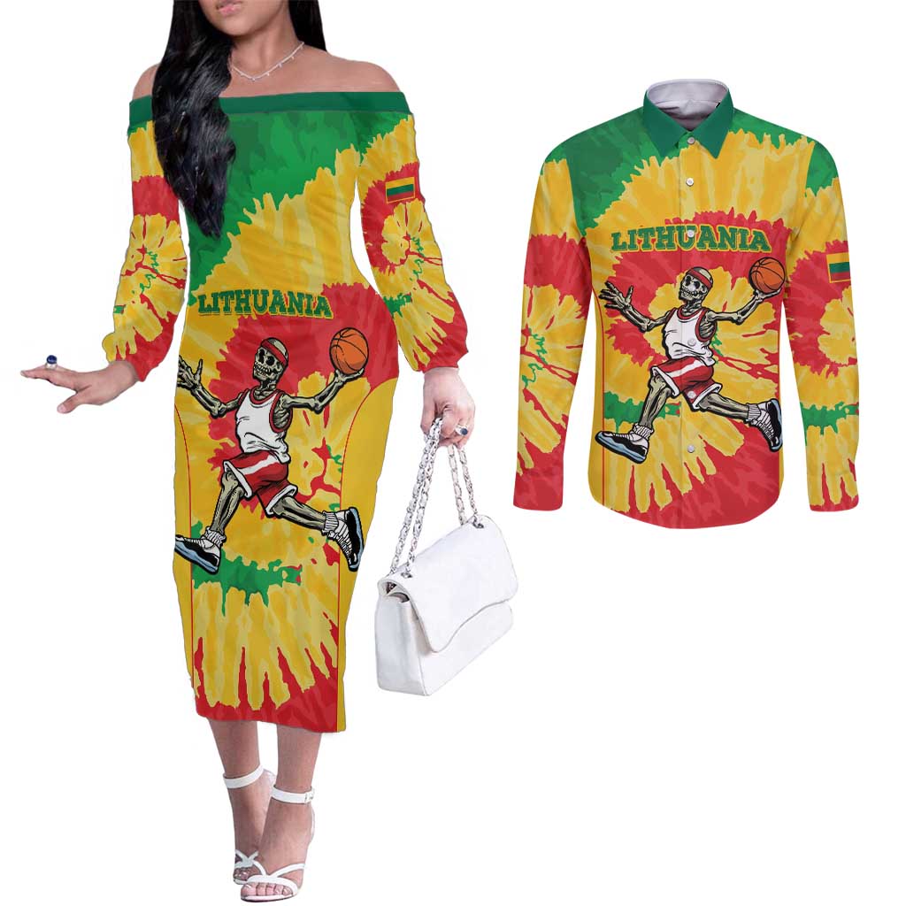 Lithuania Basketball Skeleton Personalized Couples Matching Off The Shoulder Long Sleeve Dress and Long Sleeve Button Shirt Skullman Lithuania Tie Dye