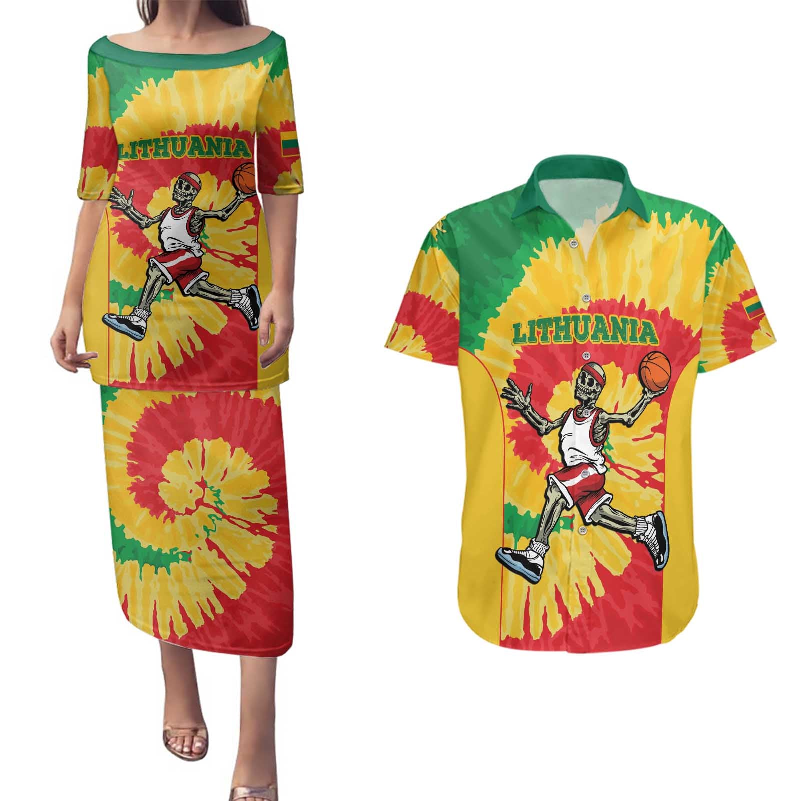 Lithuania Basketball Skeleton Personalized Couples Matching Puletasi and Hawaiian Shirt Skullman Lithuania Tie Dye