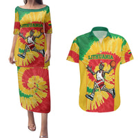 Lithuania Basketball Skeleton Personalized Couples Matching Puletasi and Hawaiian Shirt Skullman Lithuania Tie Dye