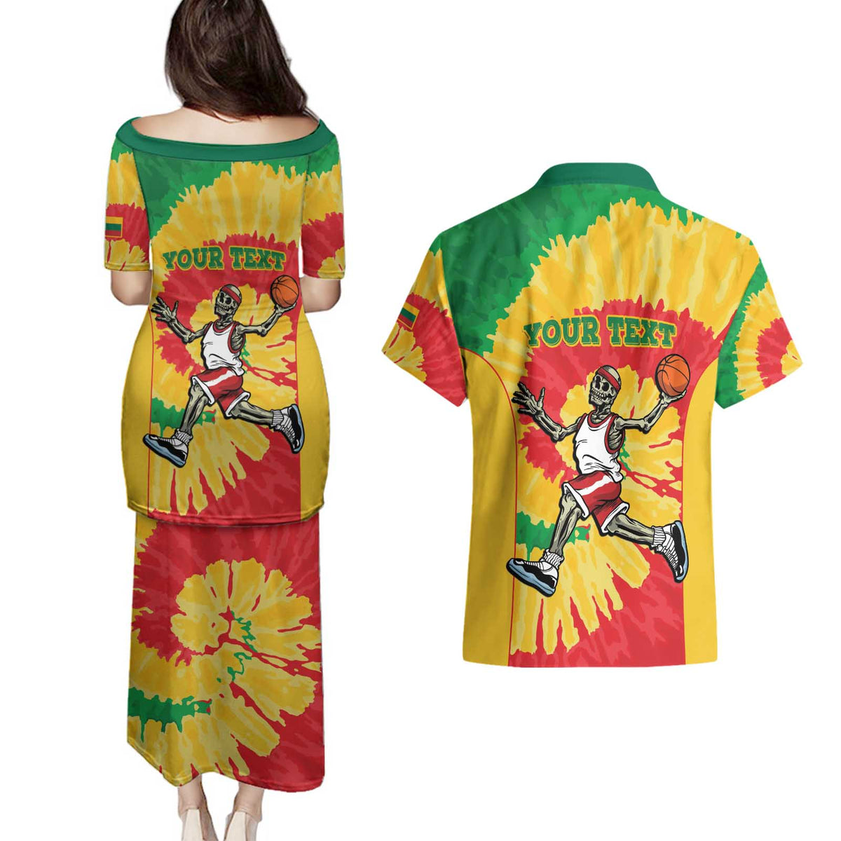 Lithuania Basketball Skeleton Personalized Couples Matching Puletasi and Hawaiian Shirt Skullman Lithuania Tie Dye