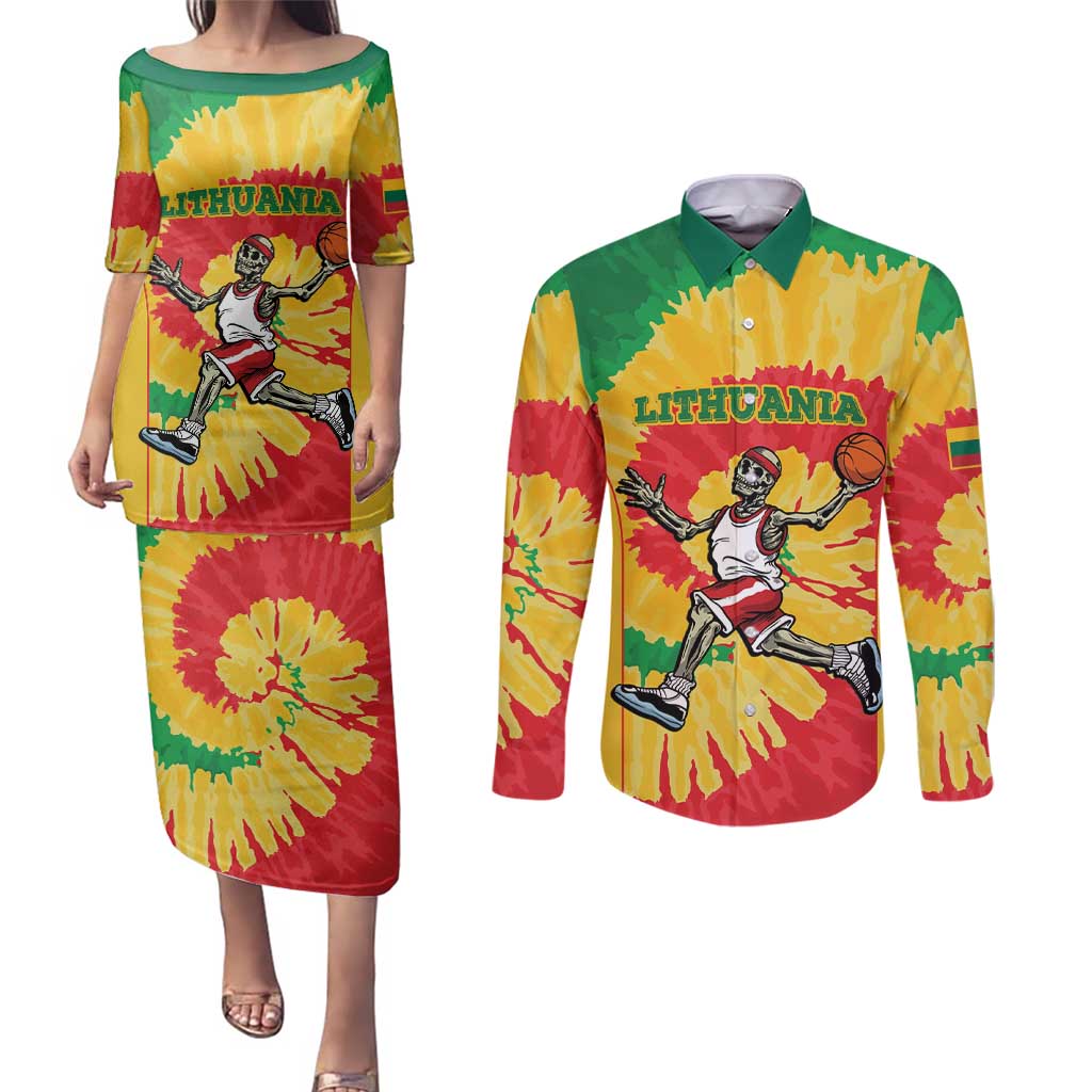 Lithuania Basketball Skeleton Personalized Couples Matching Puletasi and Long Sleeve Button Shirt Skullman Lithuania Tie Dye