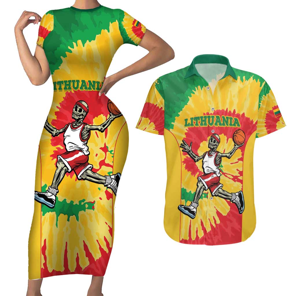 Lithuania Basketball Skeleton Personalized Couples Matching Short Sleeve Bodycon Dress and Hawaiian Shirt Skullman Lithuania Tie Dye
