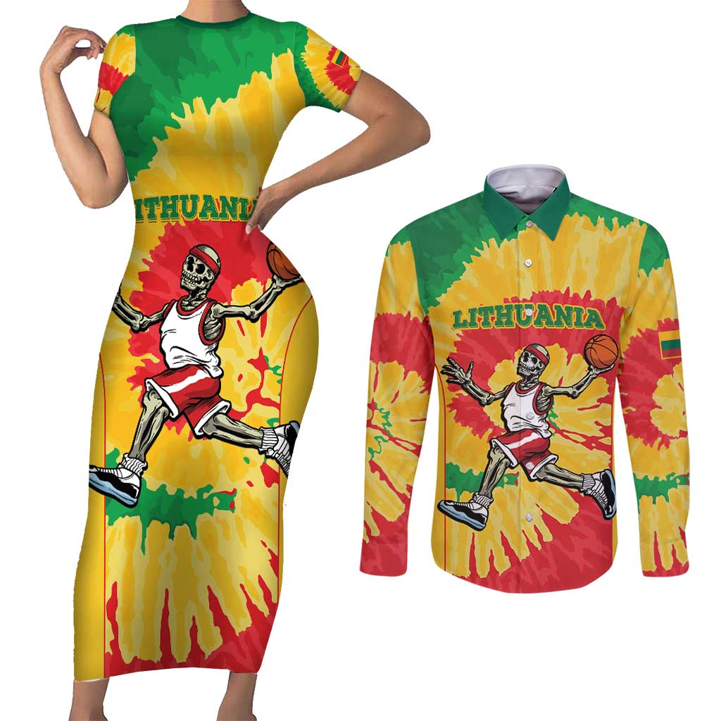Lithuania Basketball Skeleton Personalized Couples Matching Short Sleeve Bodycon Dress and Long Sleeve Button Shirt Skullman Lithuania Tie Dye
