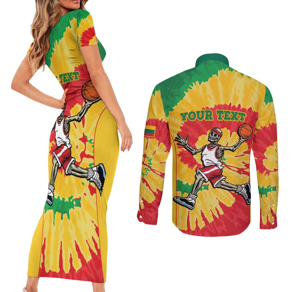 Lithuania Basketball Skeleton Personalized Couples Matching Short Sleeve Bodycon Dress and Long Sleeve Button Shirt Skullman Lithuania Tie Dye