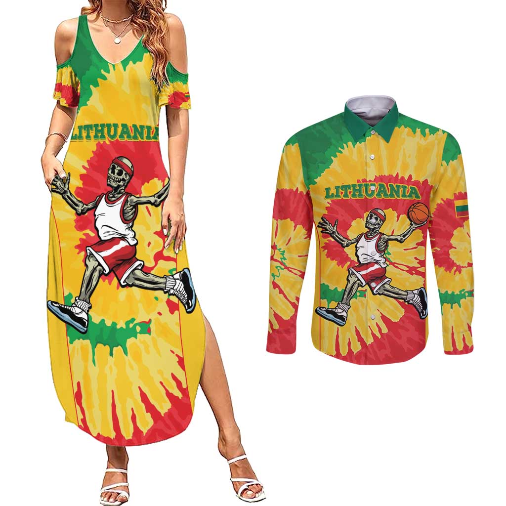 Lithuania Basketball Skeleton Personalized Couples Matching Summer Maxi Dress and Long Sleeve Button Shirt Skullman Lithuania Tie Dye