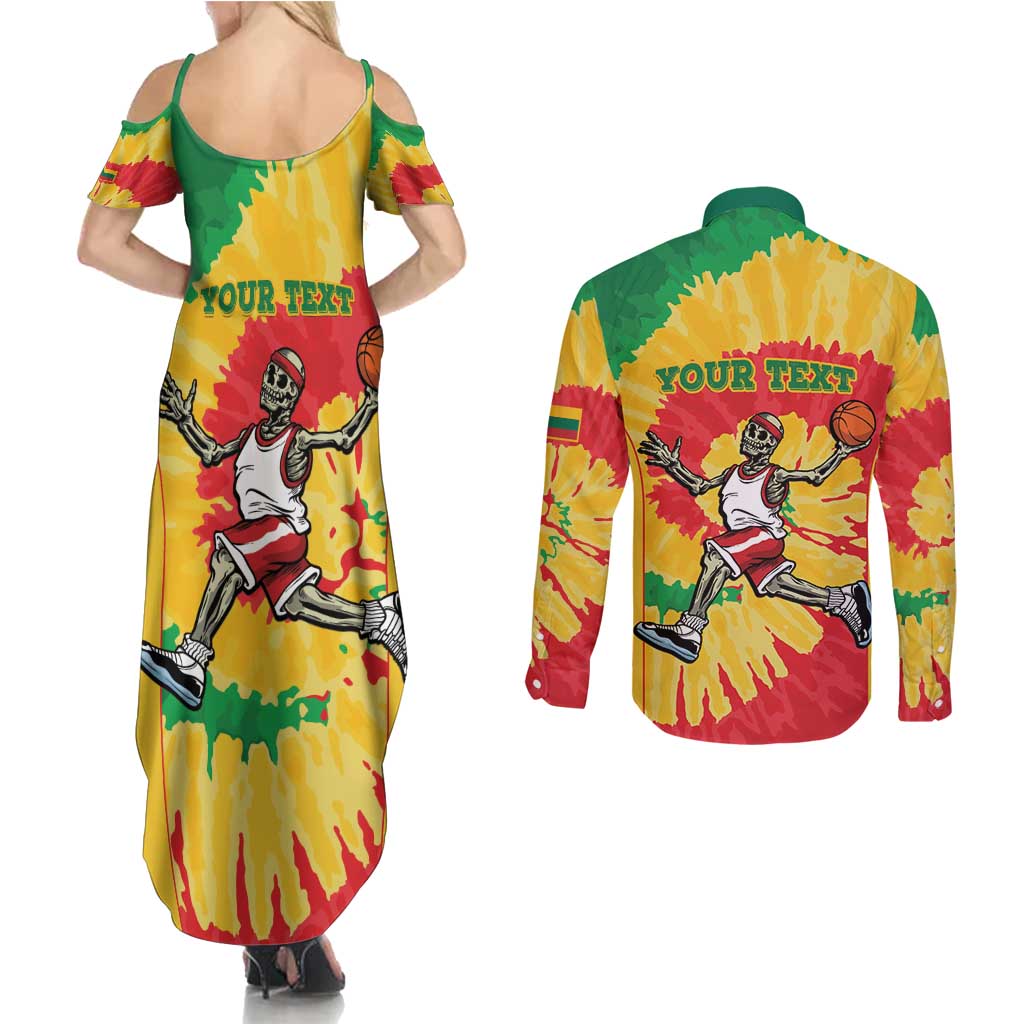 Lithuania Basketball Skeleton Personalized Couples Matching Summer Maxi Dress and Long Sleeve Button Shirt Skullman Lithuania Tie Dye