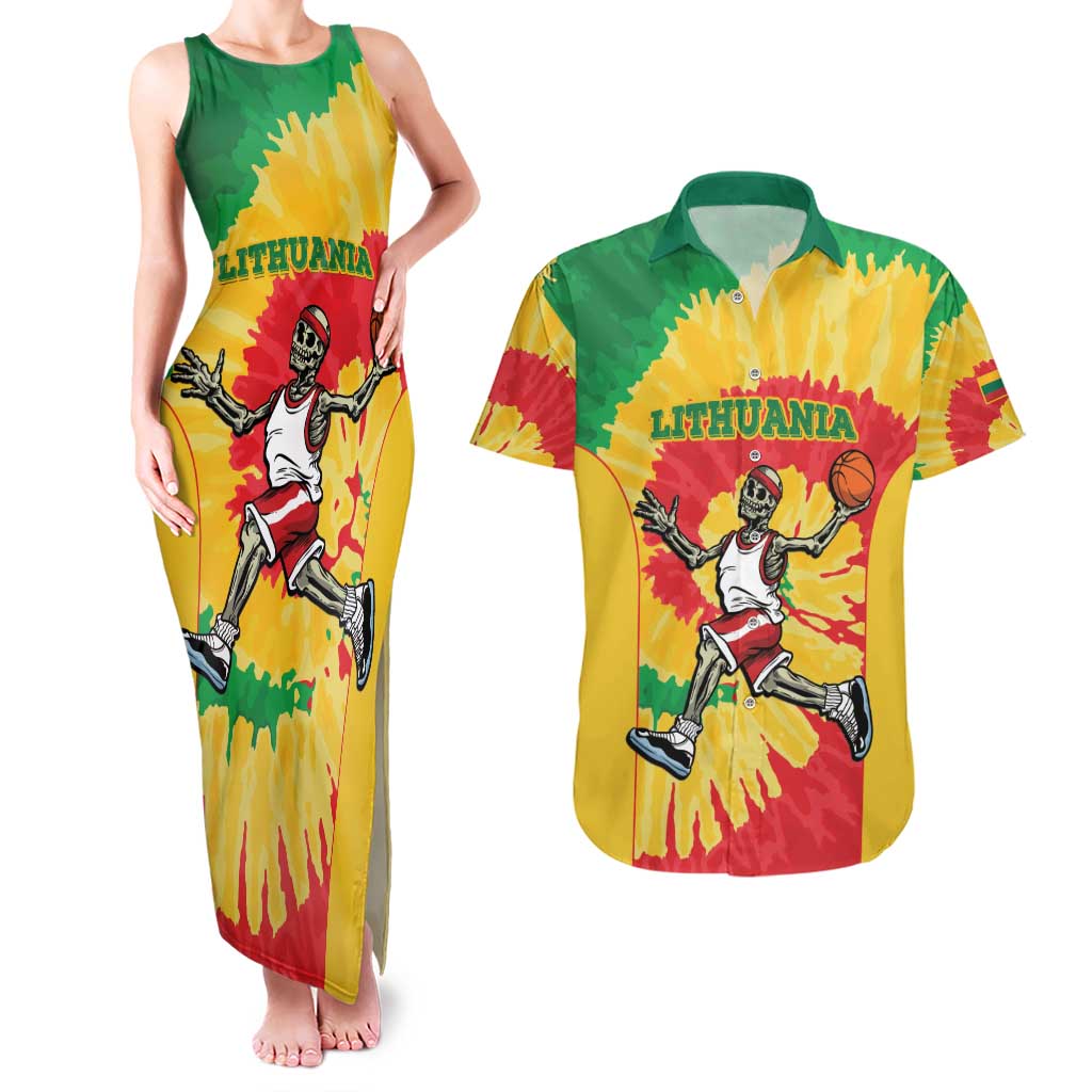 Lithuania Basketball Skeleton Personalized Couples Matching Tank Maxi Dress and Hawaiian Shirt Skullman Lithuania Tie Dye