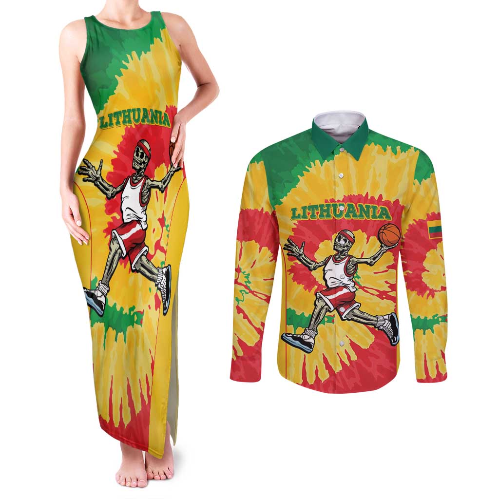 Lithuania Basketball Skeleton Personalized Couples Matching Tank Maxi Dress and Long Sleeve Button Shirt Skullman Lithuania Tie Dye