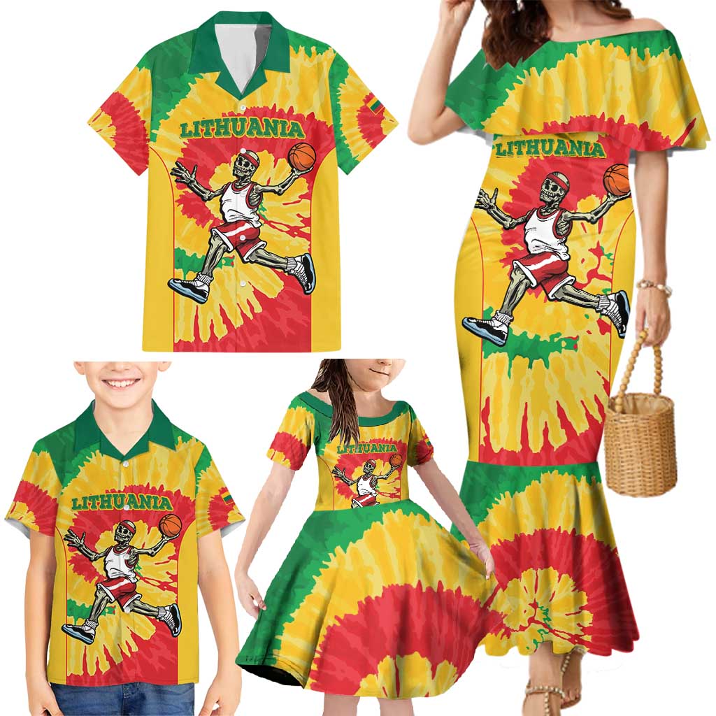 Lithuania Basketball Skeleton Personalized Family Matching Mermaid Dress and Hawaiian Shirt Skullman Lithuania Tie Dye
