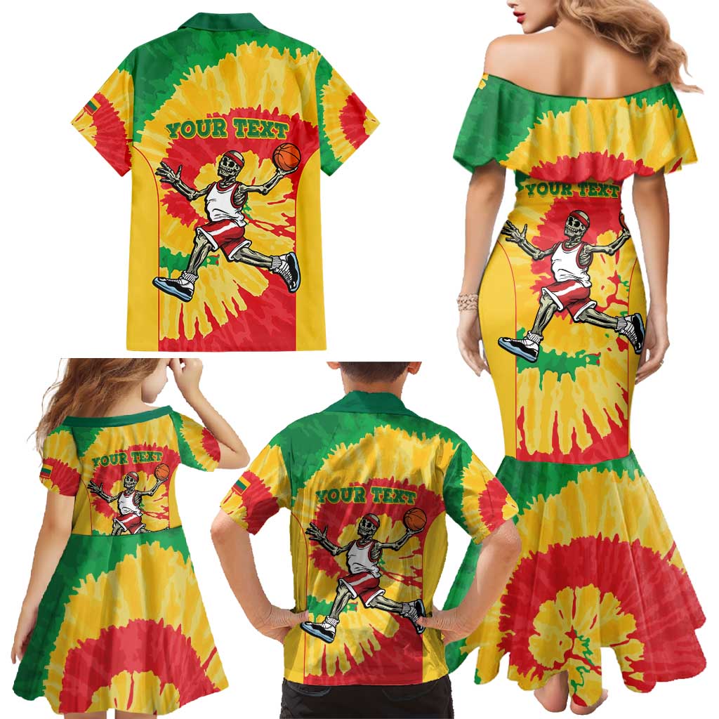 Lithuania Basketball Skeleton Personalized Family Matching Mermaid Dress and Hawaiian Shirt Skullman Lithuania Tie Dye