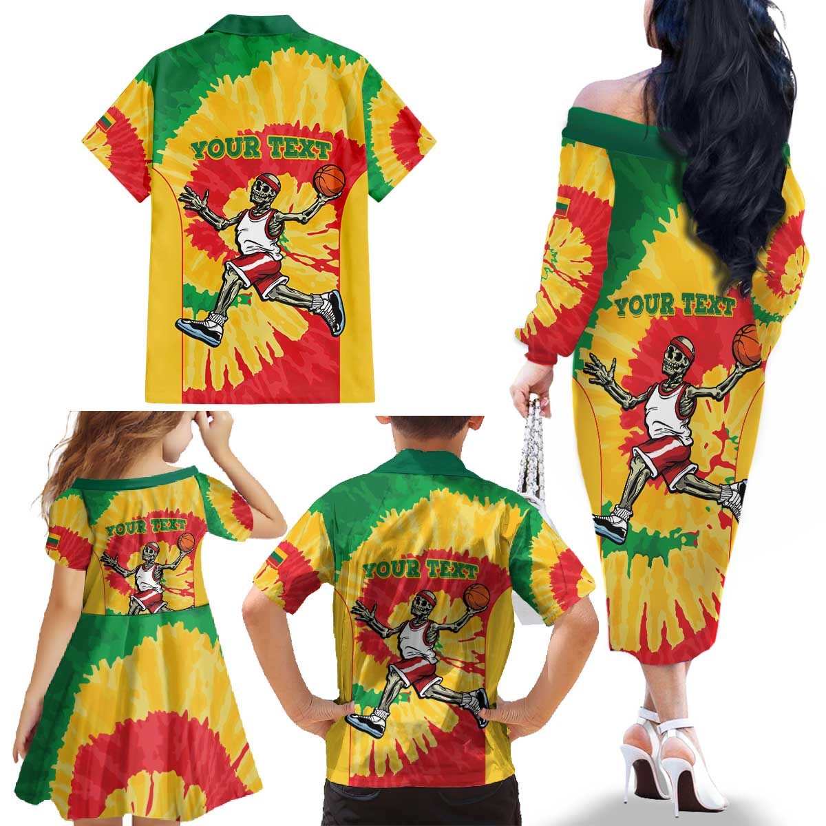 Lithuania Basketball Skeleton Personalized Family Matching Off The Shoulder Long Sleeve Dress and Hawaiian Shirt Skullman Lithuania Tie Dye
