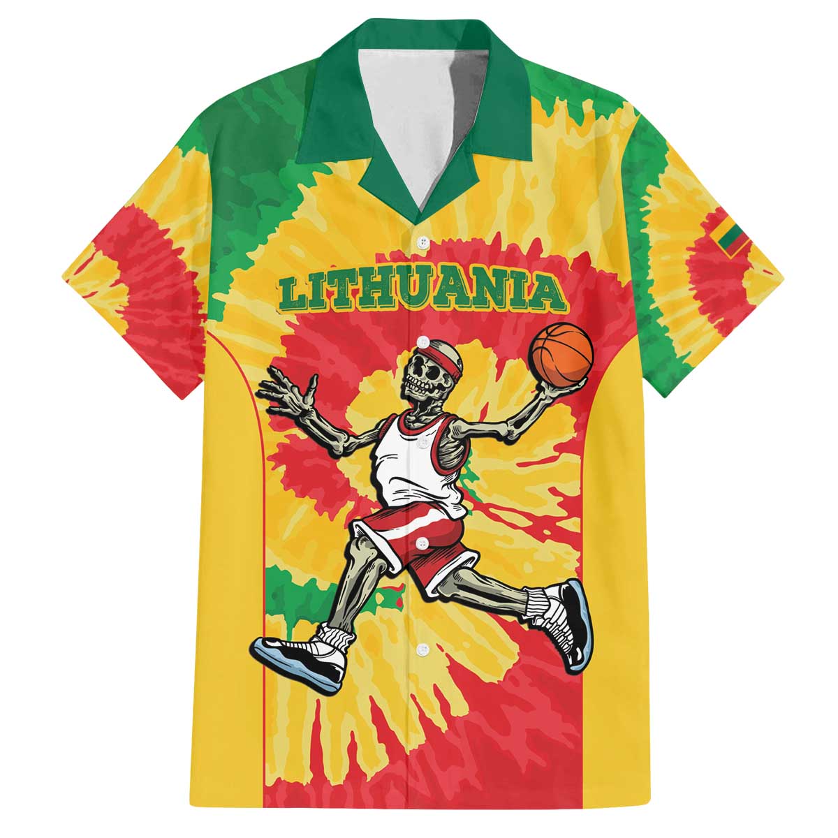 Lithuania Basketball Skeleton Personalized Family Matching Off The Shoulder Long Sleeve Dress and Hawaiian Shirt Skullman Lithuania Tie Dye