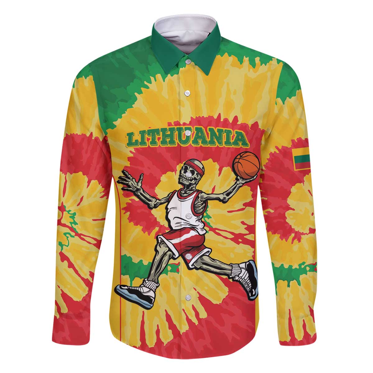 Lithuania Basketball Skeleton Personalized Family Matching Off The Shoulder Long Sleeve Dress and Hawaiian Shirt Skullman Lithuania Tie Dye