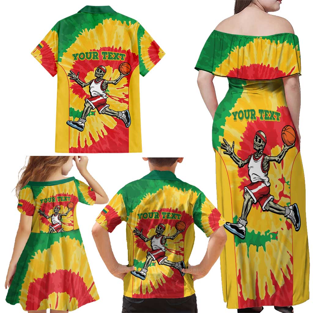 Lithuania Basketball Skeleton Personalized Family Matching Off Shoulder Maxi Dress and Hawaiian Shirt Skullman Lithuania Tie Dye