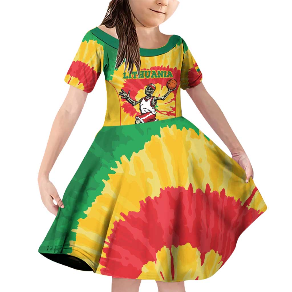 Lithuania Basketball Skeleton Personalized Family Matching Off Shoulder Short Dress and Hawaiian Shirt Skullman Lithuania Tie Dye
