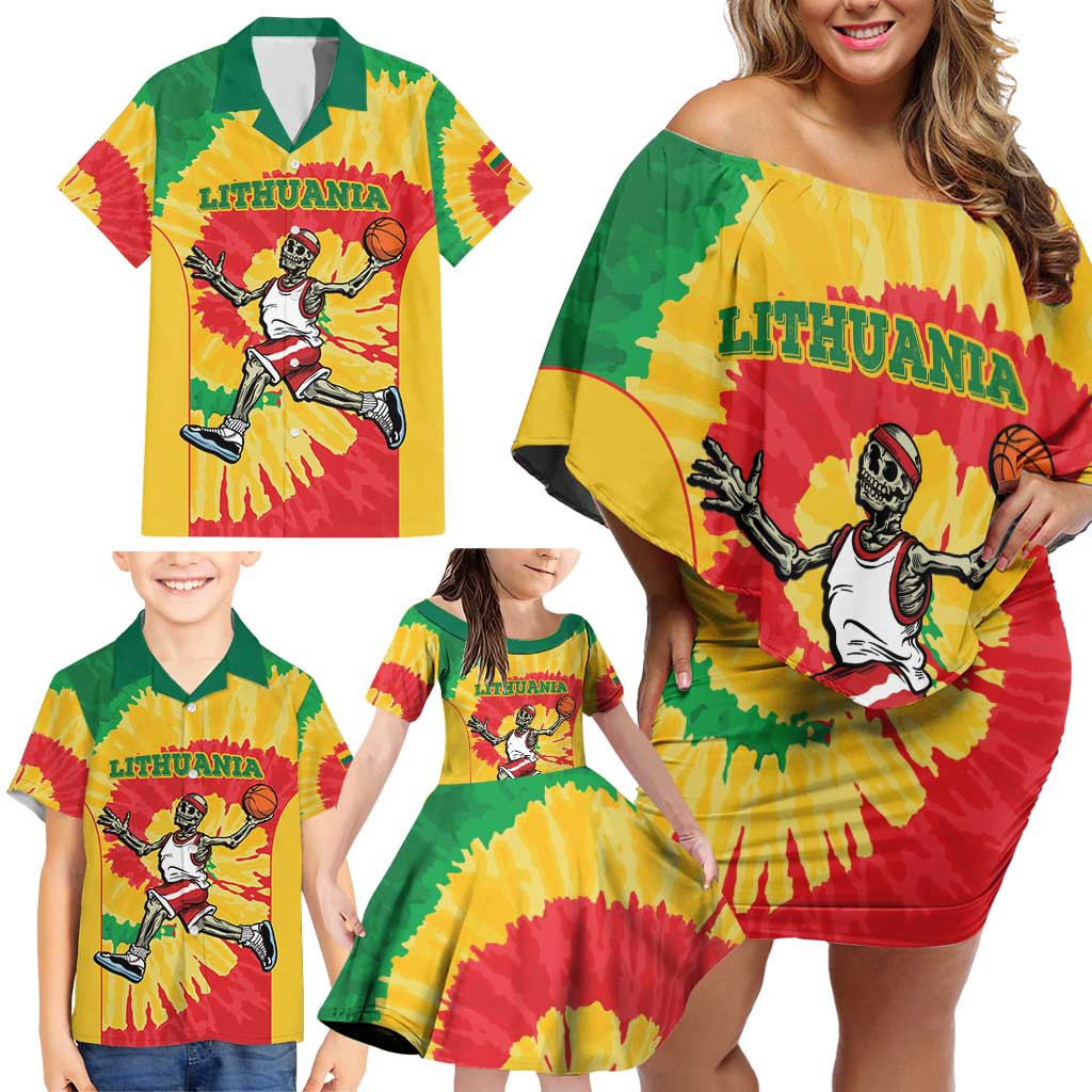 Lithuania Basketball Skeleton Personalized Family Matching Off Shoulder Short Dress and Hawaiian Shirt Skullman Lithuania Tie Dye