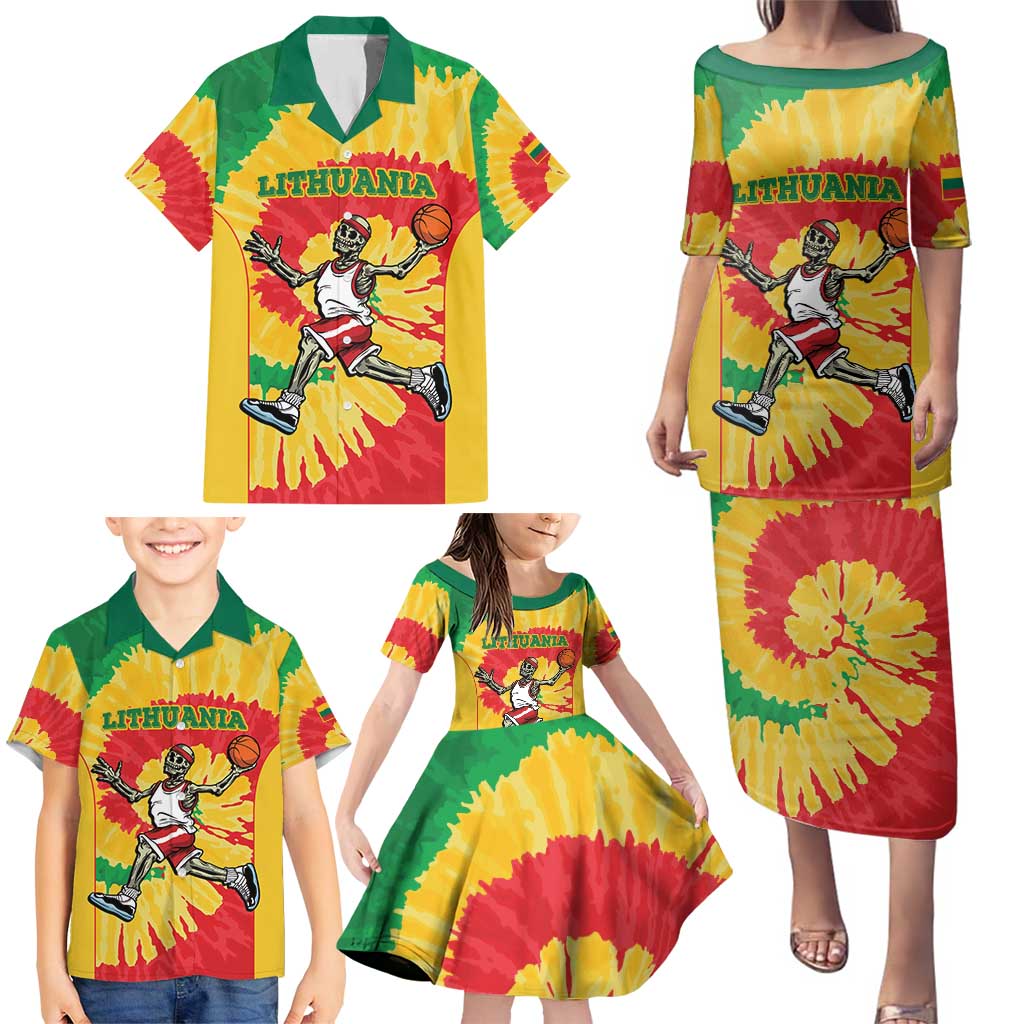 Lithuania Basketball Skeleton Personalized Family Matching Puletasi and Hawaiian Shirt Skullman Lithuania Tie Dye