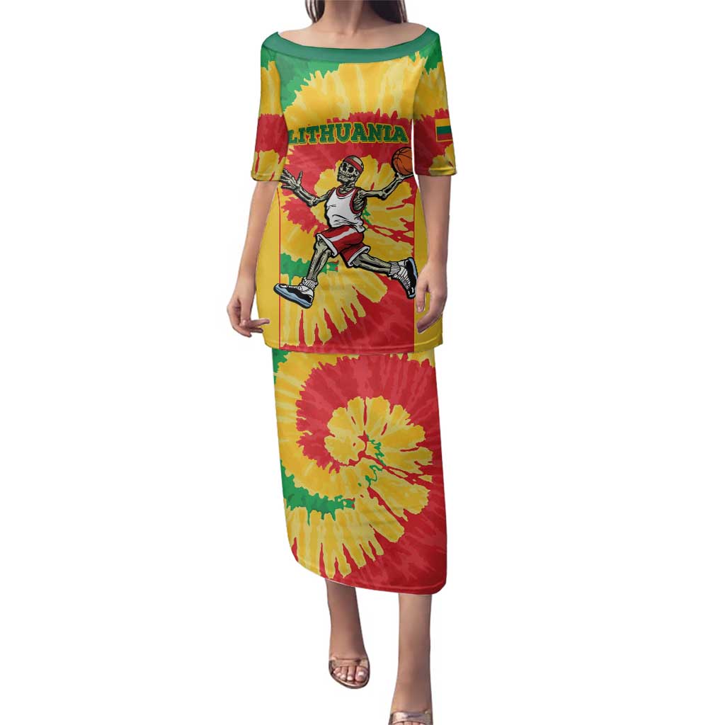 Lithuania Basketball Skeleton Personalized Family Matching Puletasi and Hawaiian Shirt Skullman Lithuania Tie Dye