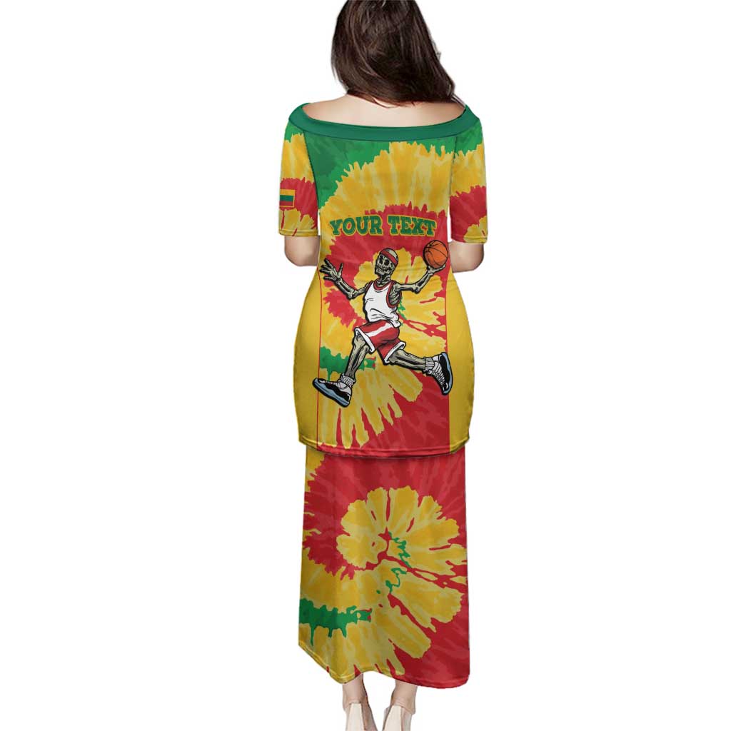 Lithuania Basketball Skeleton Personalized Family Matching Puletasi and Hawaiian Shirt Skullman Lithuania Tie Dye