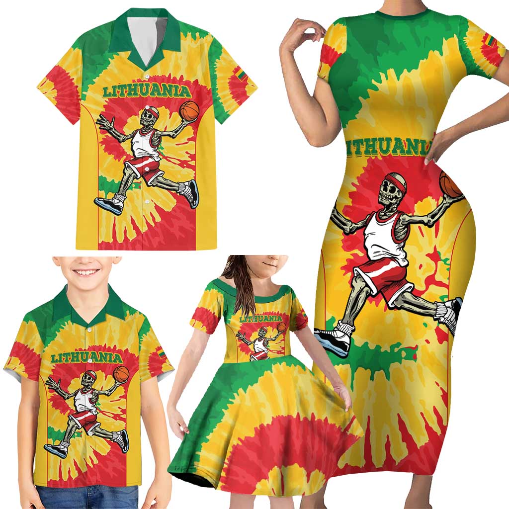Lithuania Basketball Skeleton Personalized Family Matching Short Sleeve Bodycon Dress and Hawaiian Shirt Skullman Lithuania Tie Dye