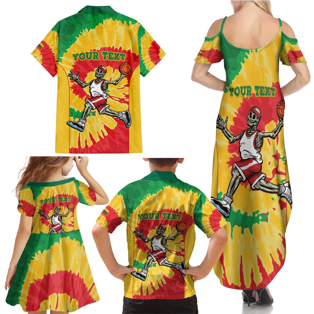 Lithuania Basketball Skeleton Personalized Family Matching Summer Maxi Dress and Hawaiian Shirt Skullman Lithuania Tie Dye