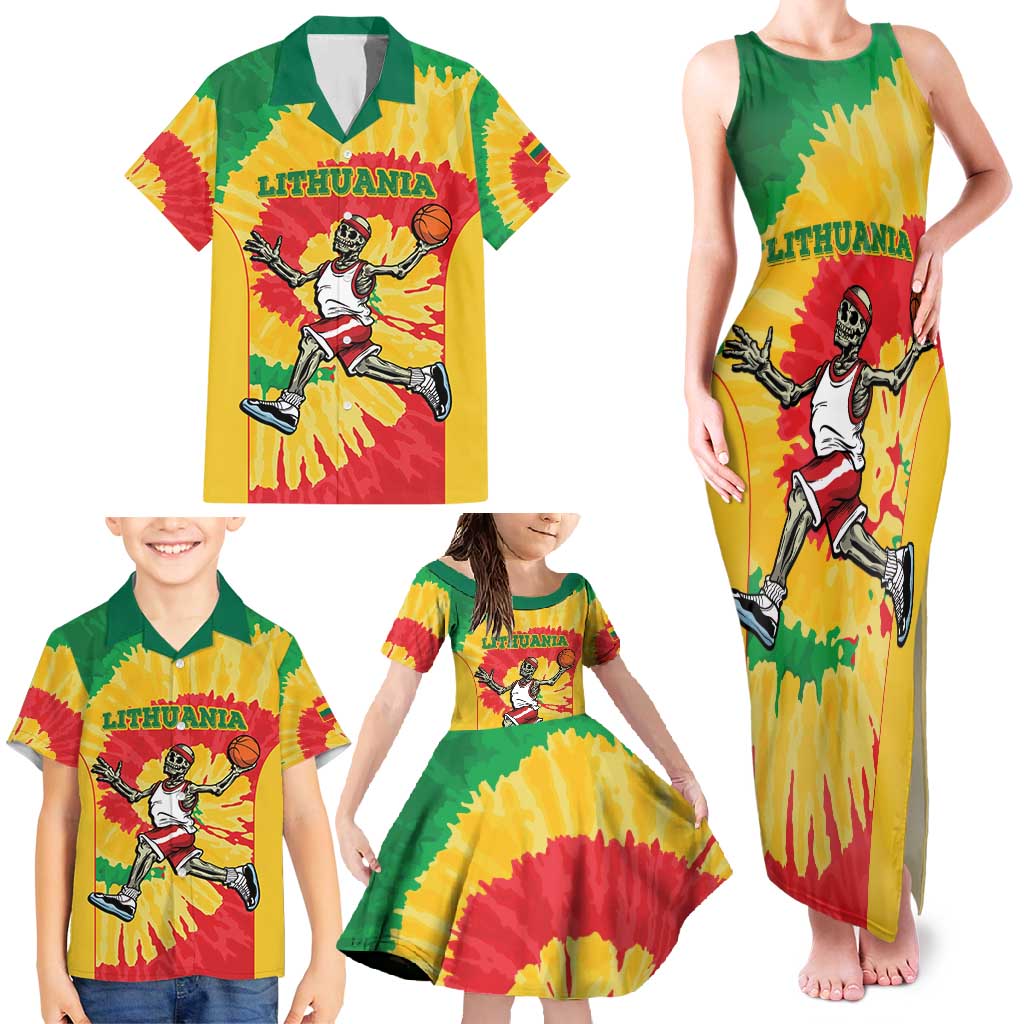 Lithuania Basketball Skeleton Personalized Family Matching Tank Maxi Dress and Hawaiian Shirt Skullman Lithuania Tie Dye