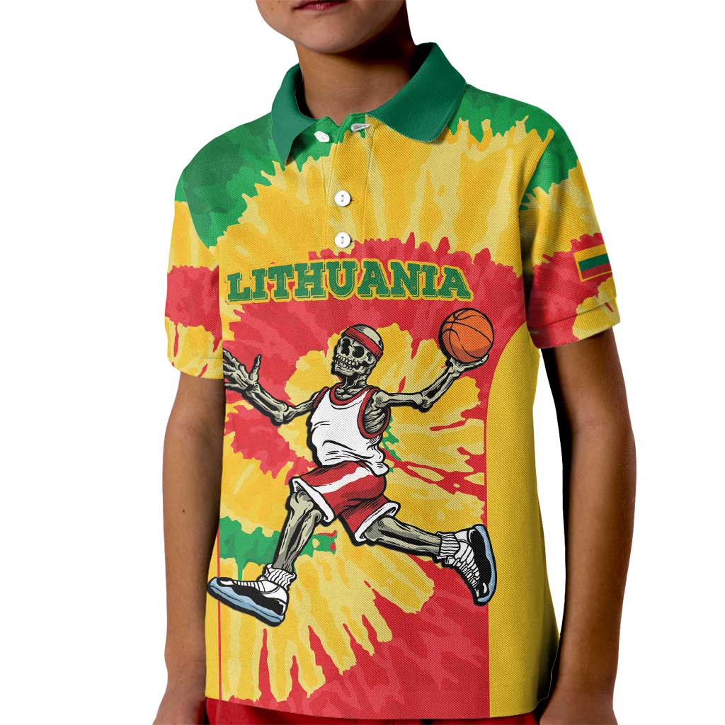 Lithuania Basketball Skeleton Personalized Kid Polo Shirt Skullman Lithuania Tie Dye