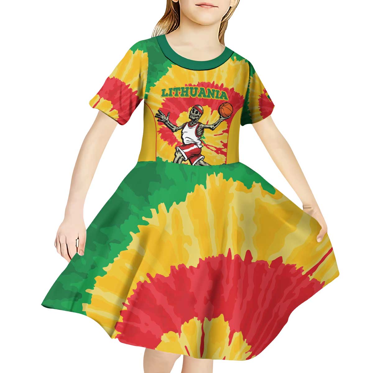 Lithuania Basketball Skeleton Personalized Kid Short Sleeve Dress Skullman Lithuania Tie Dye