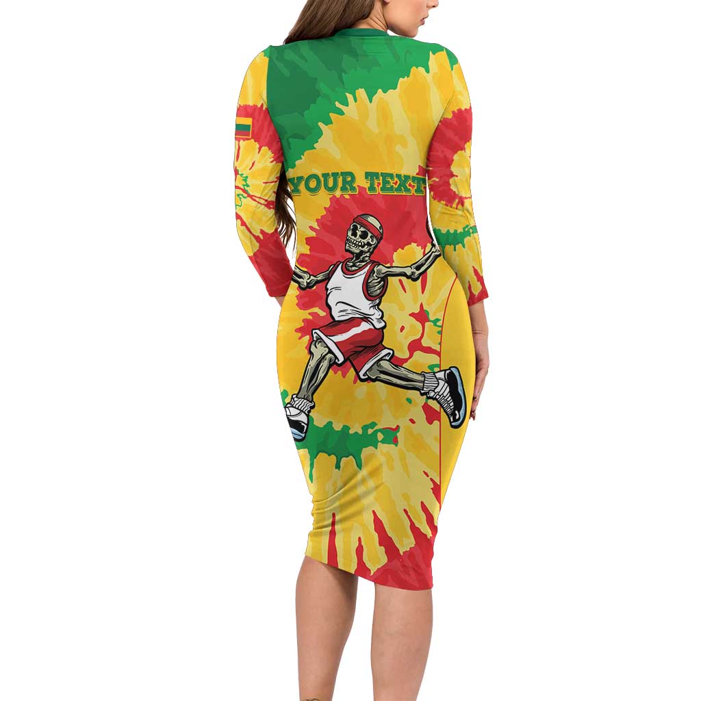 Lithuania Basketball Skeleton Personalized Long Sleeve Bodycon Dress Skullman Lithuania Tie Dye