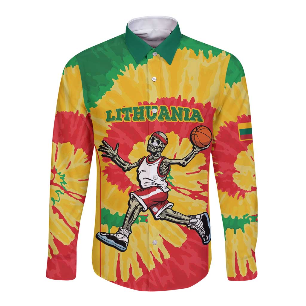 Lithuania Basketball Skeleton Personalized Long Sleeve Button Shirt Skullman Lithuania Tie Dye