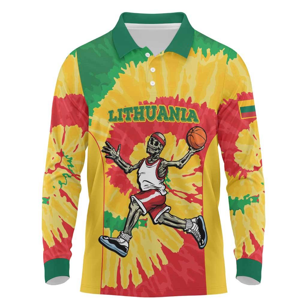 Lithuania Basketball Skeleton Personalized Long Sleeve Polo Shirt Skullman Lithuania Tie Dye