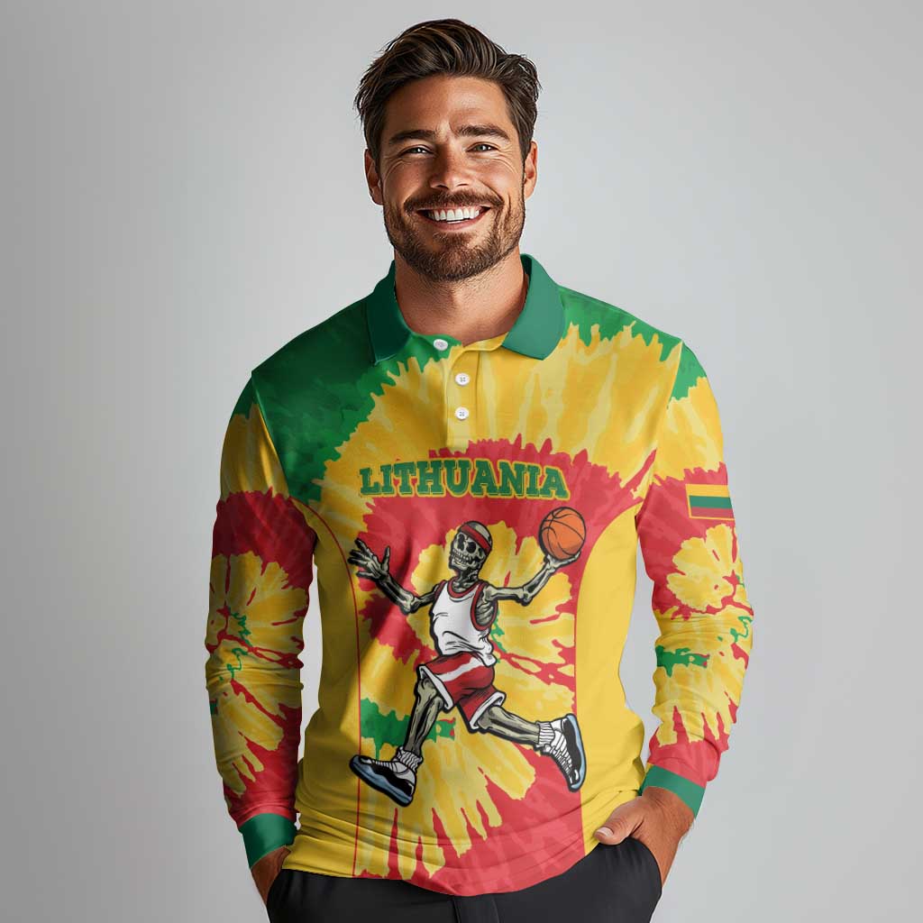 Lithuania Basketball Skeleton Personalized Long Sleeve Polo Shirt Skullman Lithuania Tie Dye