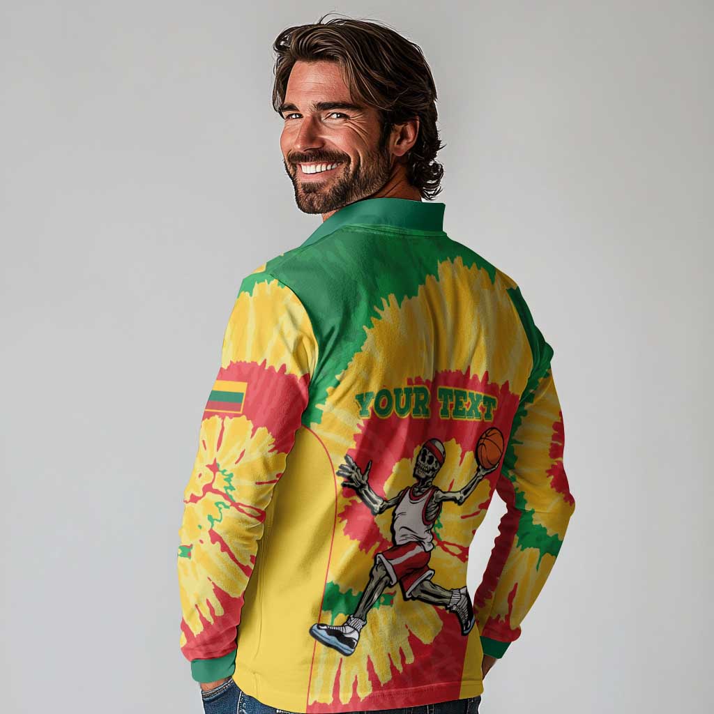 Lithuania Basketball Skeleton Personalized Long Sleeve Polo Shirt Skullman Lithuania Tie Dye