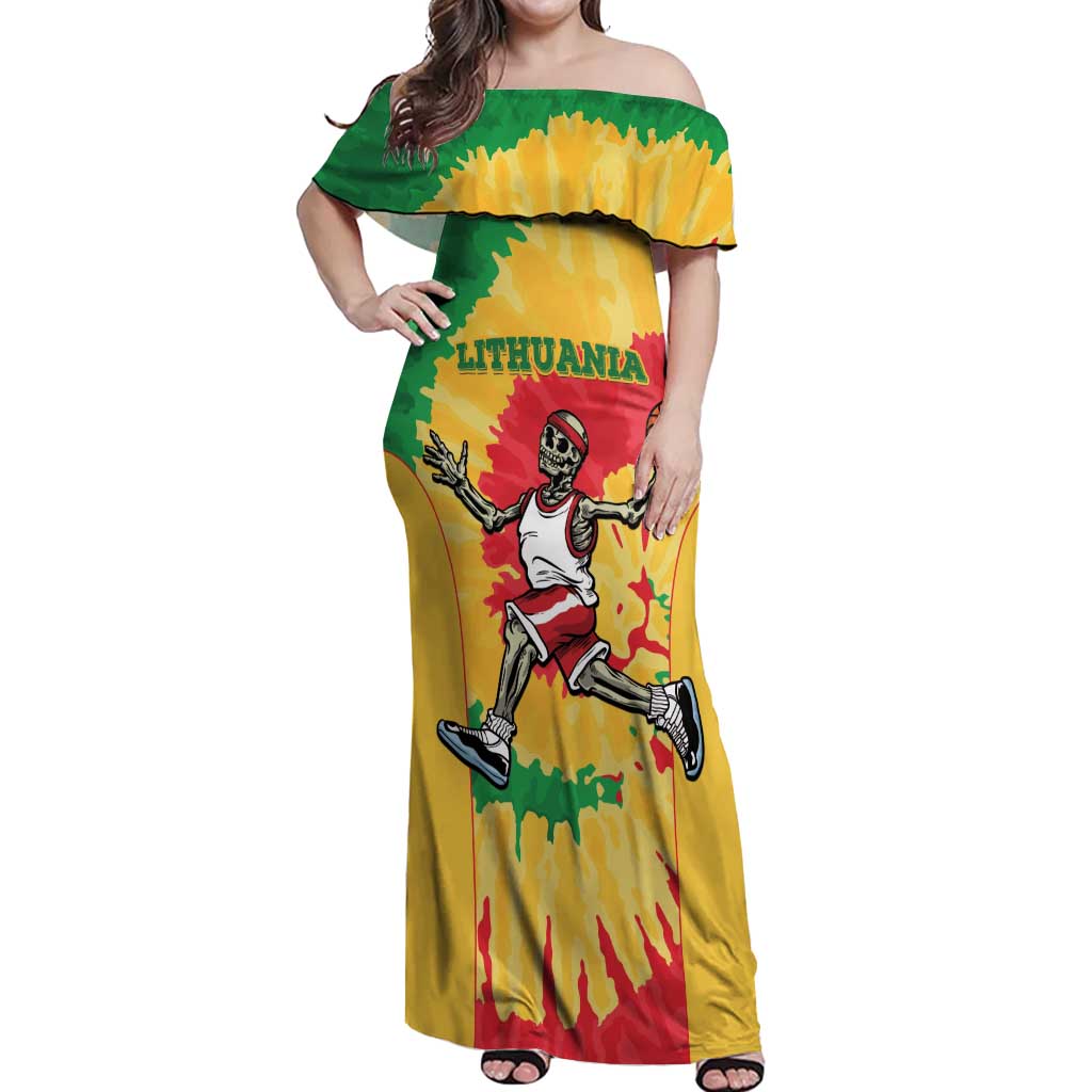 Lithuania Basketball Skeleton Personalized Off Shoulder Maxi Dress Skullman Lithuania Tie Dye