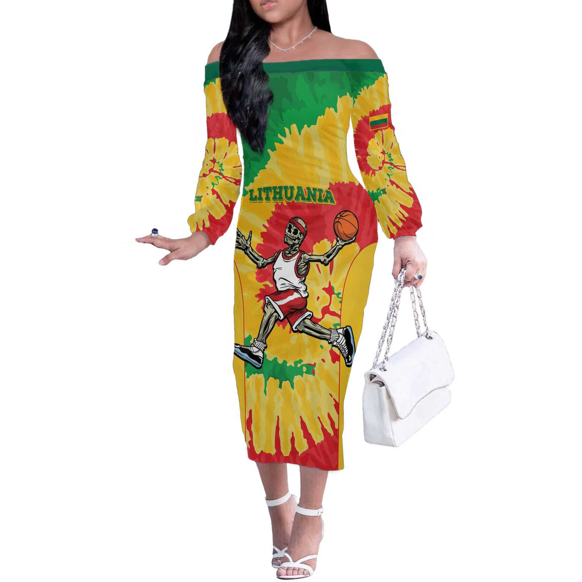 Lithuania Basketball Skeleton Personalized Off The Shoulder Long Sleeve Dress Skullman Lithuania Tie Dye