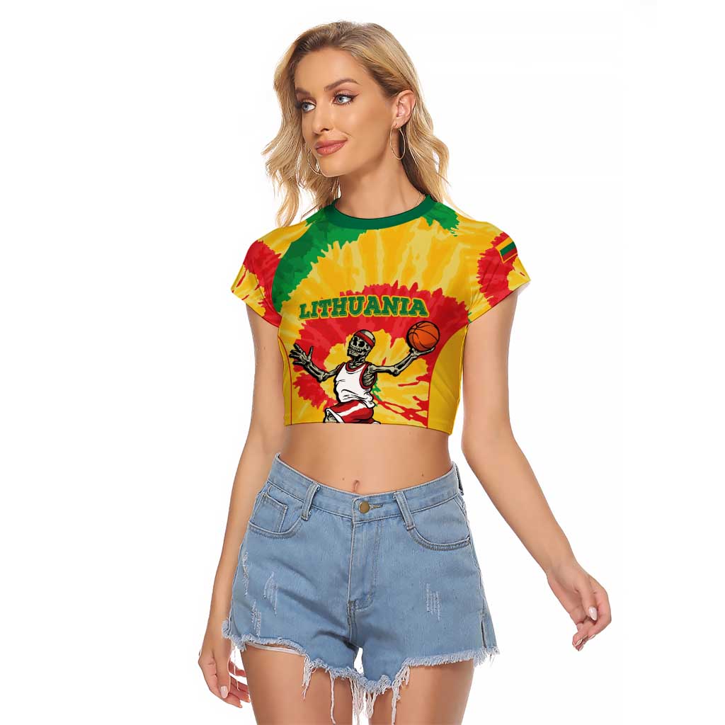 Lithuania Basketball Skeleton Personalized Raglan Cropped T Shirt Skullman Lithuania Tie Dye