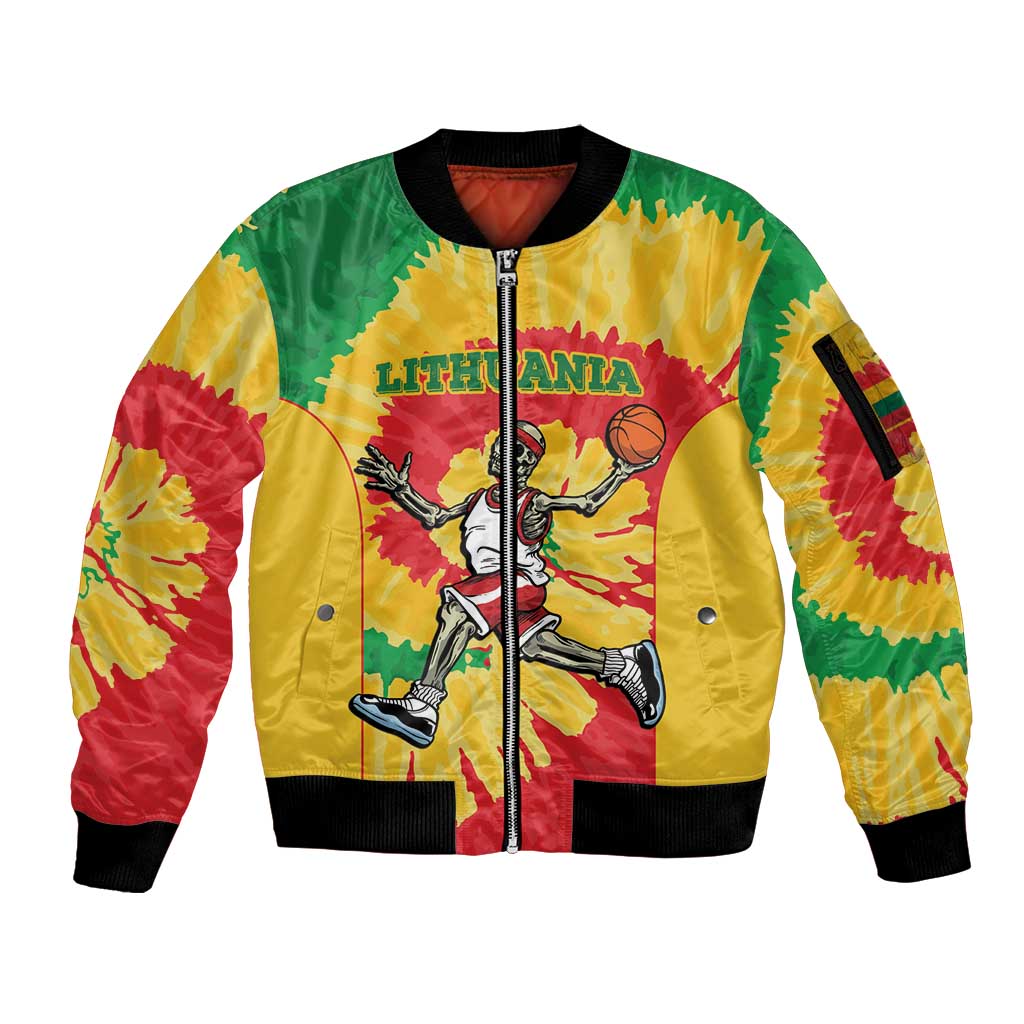 Lithuania Basketball Skeleton Personalized Sleeve Zip Bomber Jacket Skullman Lithuania Tie Dye