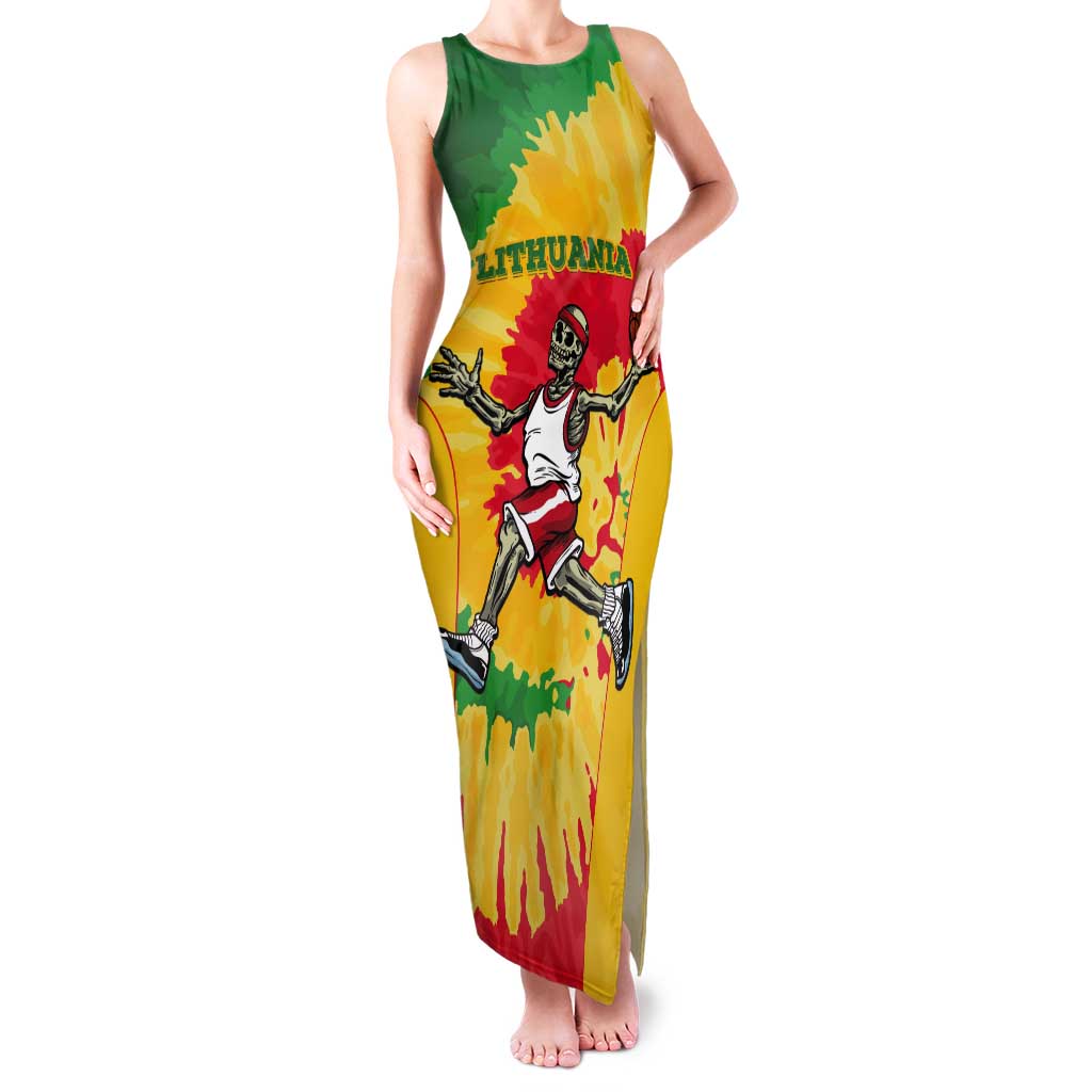 Lithuania Basketball Skeleton Personalized Tank Maxi Dress Skullman Lithuania Tie Dye
