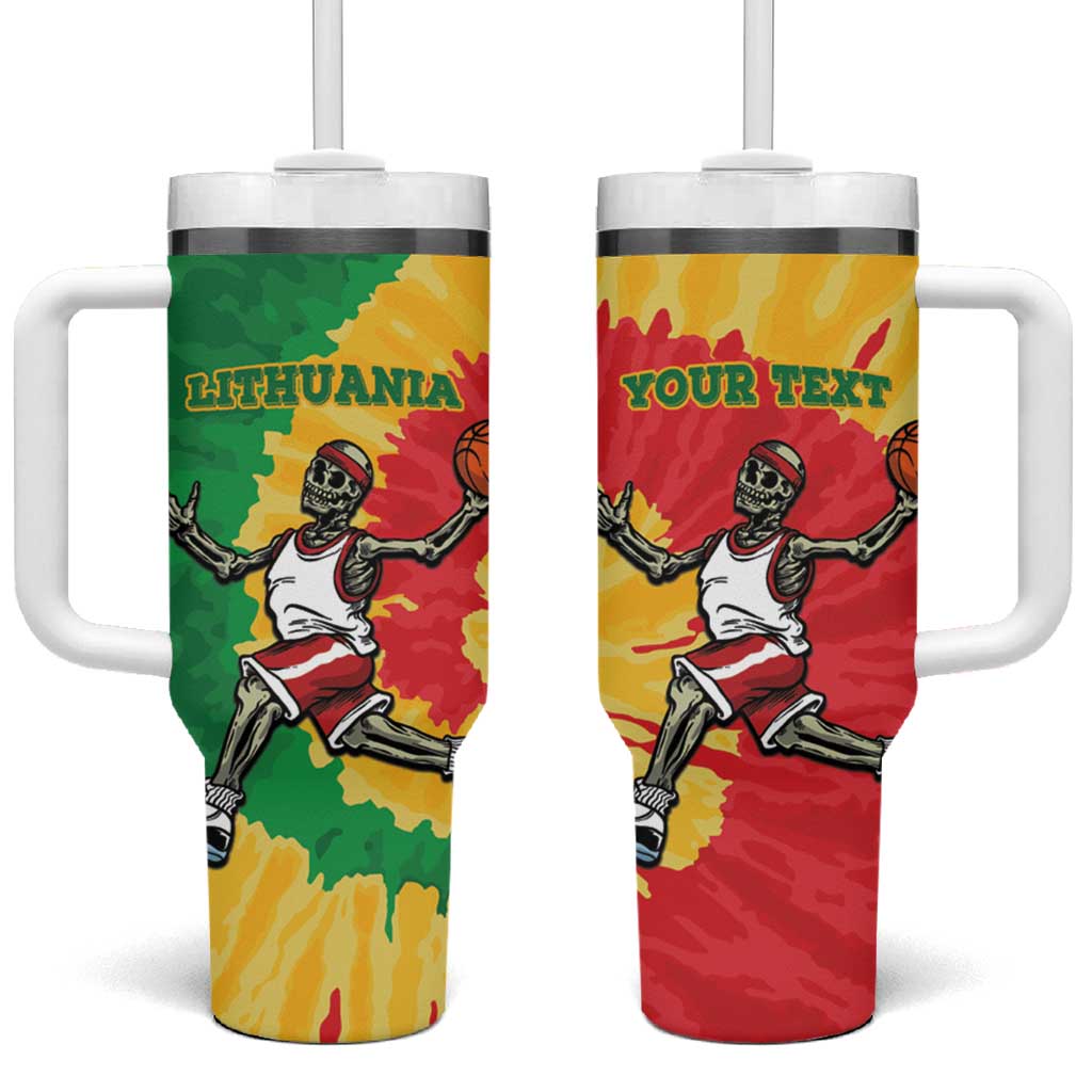 Lithuania Basketball Skeleton Personalized Tumbler With Handle Skullman Lithuania Tie Dye