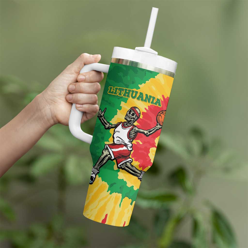 Lithuania Basketball Skeleton Personalized Tumbler With Handle Skullman Lithuania Tie Dye