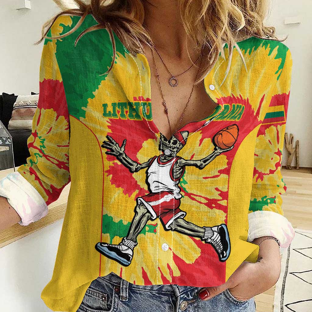 Lithuania Basketball Skeleton Personalized Women Casual Shirt Skullman Lithuania Tie Dye