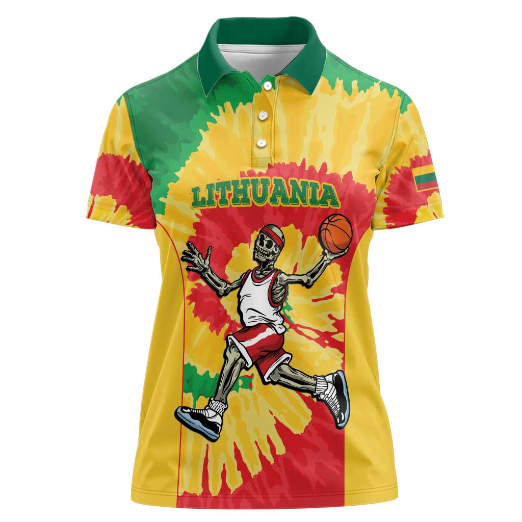 Lithuania Basketball Skeleton Personalized Women Polo Shirt Skullman Lithuania Tie Dye