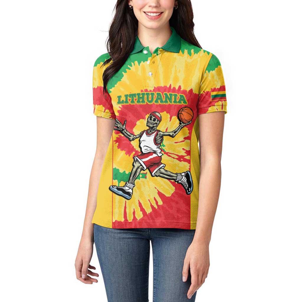 Lithuania Basketball Skeleton Personalized Women Polo Shirt Skullman Lithuania Tie Dye