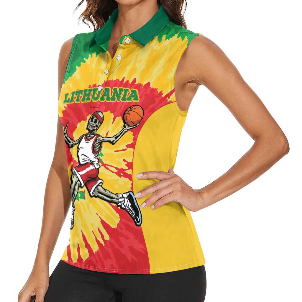 Lithuania Basketball Skeleton Personalized Women Sleeveless Polo Shirt Skullman Lithuania Tie Dye