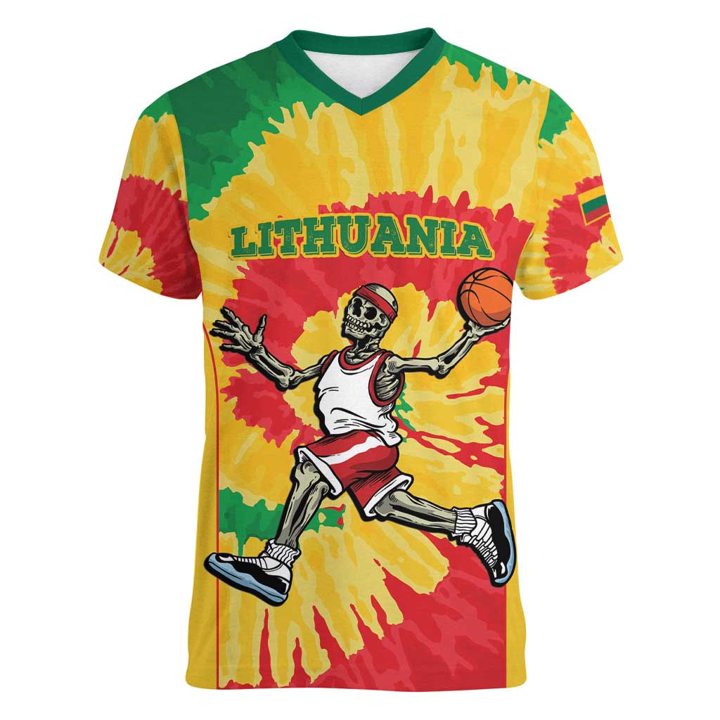 Lithuania Basketball Skeleton Personalized Women V-Neck T-Shirt Skullman Lithuania Tie Dye
