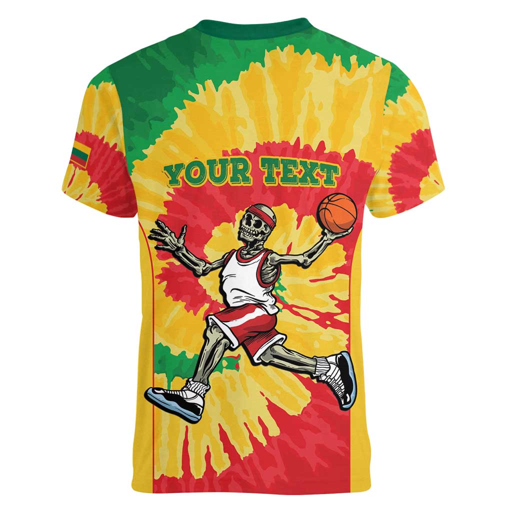 Lithuania Basketball Skeleton Personalized Women V-Neck T-Shirt Skullman Lithuania Tie Dye