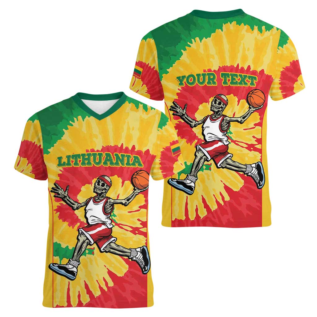 Lithuania Basketball Skeleton Personalized Women V-Neck T-Shirt Skullman Lithuania Tie Dye