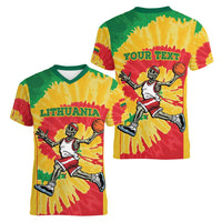 Lithuania Basketball Skeleton Personalized Women V-Neck T-Shirt Skullman Lithuania Tie Dye