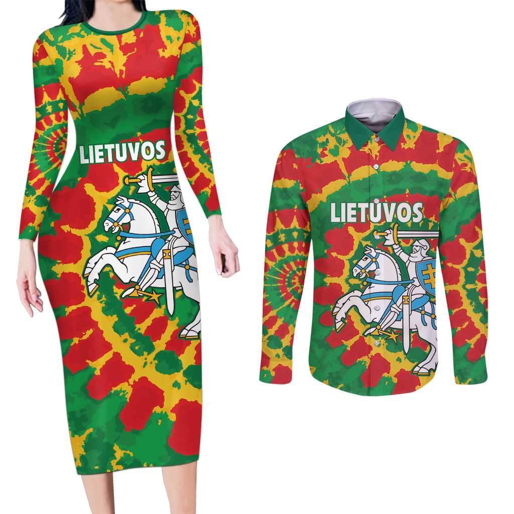Lithuania Tie Dye Retro Basketball 1992 Personalized Couples Matching Long Sleeve Bodycon Dress and Long Sleeve Button Shirt